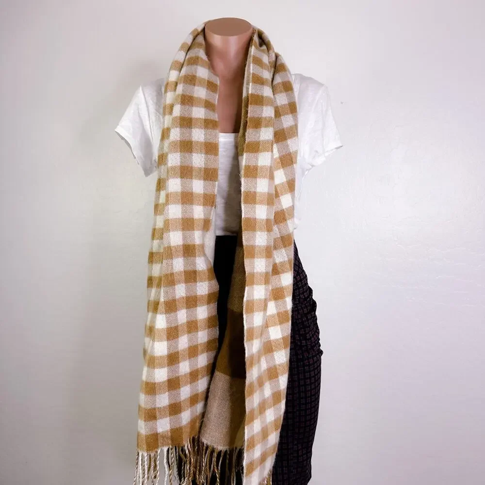 Topshop Cute Fringe Reversible Two Sided Gingham Plaid Scarf Tan Beige White NEW
